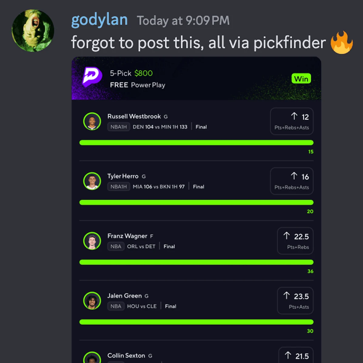 A member sharing a winning PropsEdge slip in Discord